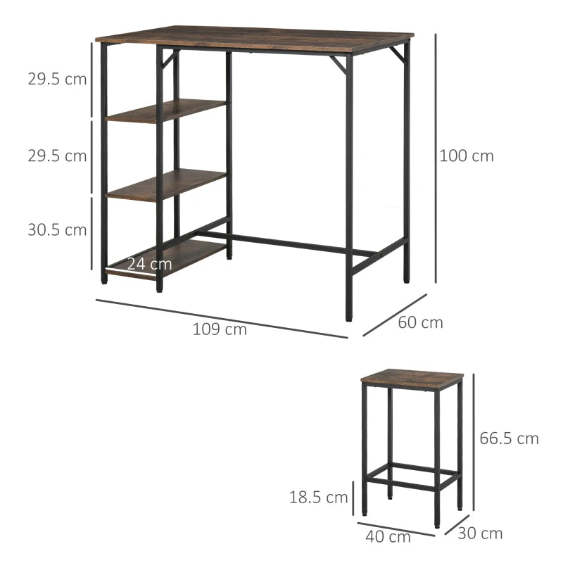 Industrial Bar Height Dining Table Set with 2 Stools & Side Shelf - 3 Piece Coffee Table for Dining Room & Kitchen