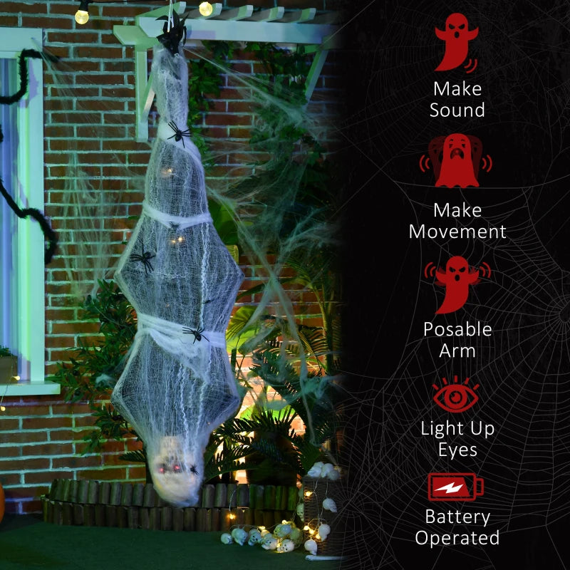 4.7ft Animated Hanging Mummy Halloween Decoration with Light Up Eyes, Sound, Motion Activation, Spider Web, Posable Arms