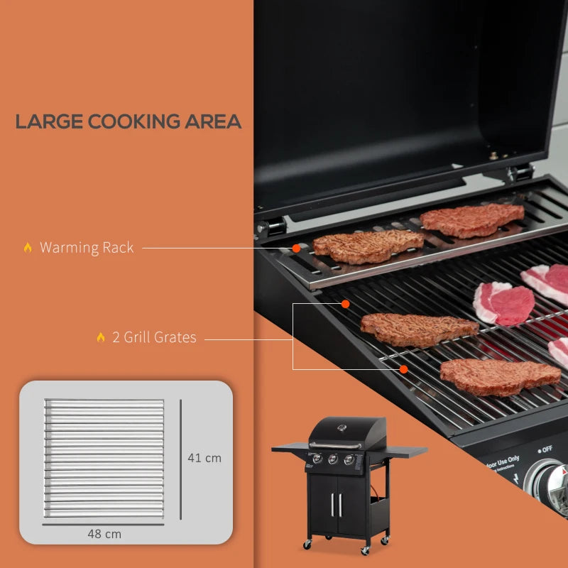 Black 3-Burner Gas BBQ Grill with Side Shelves & Storage Cabinet
