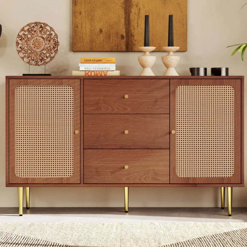 Modern Walnut Sideboard Cabinet with Adjustable Shelf, 2 Doors & 3 Storage Drawers - Stylish Freestanding Chest for Bedroom & Living Room