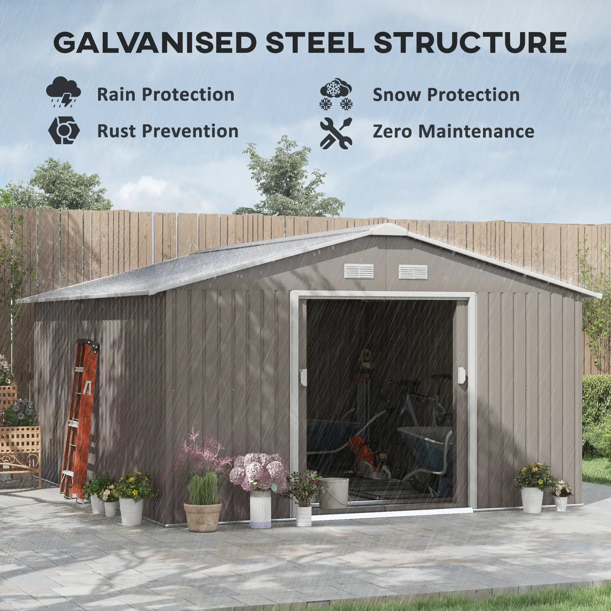 13ft x 11ft Light Grey Metal Shed With Foundation Kit Ventilation & Doors
