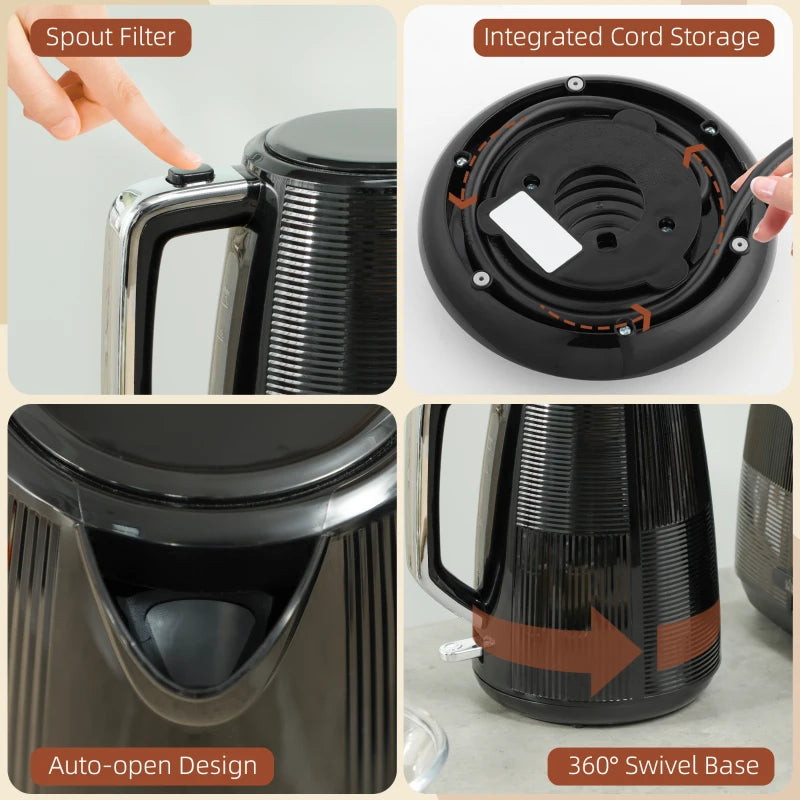 Premium Black Kettle & Toaster Set - 1.7L Fast Boil 3000W Kettle & 2 Slice Toaster with 7 Browning Levels