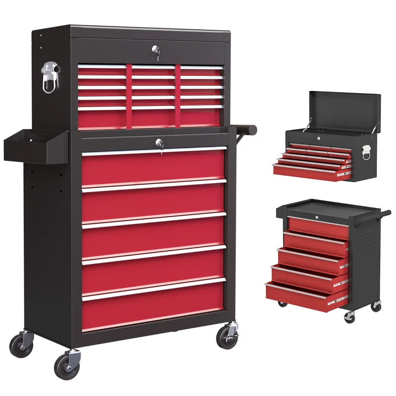 Large Tall Tool Storage Chest on Wheels - 14 Slide-Out Drawers - 2 Parts - Red & Black