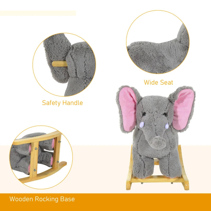 Kids Grey Elephant Rocking Horse Plush Ride-On Animal - Traditional Wooden Rocker with 32 Nursery Rhymes - Perfect Gift!