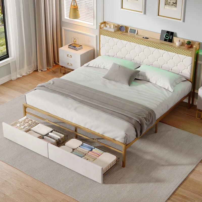 Modern Double Bed Frame with Storage Drawers & RGB LED Headboard - Beige & Chrome, 207L x 138W x 100H cm