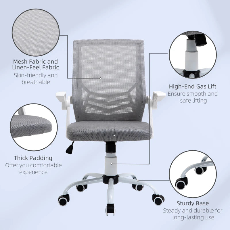 Vinsetto Home Office Chair & Desk Set - Ergonomic Mesh Chair with Flip-up Armrests, Study Desk with Keyboard Tray, White & Grey