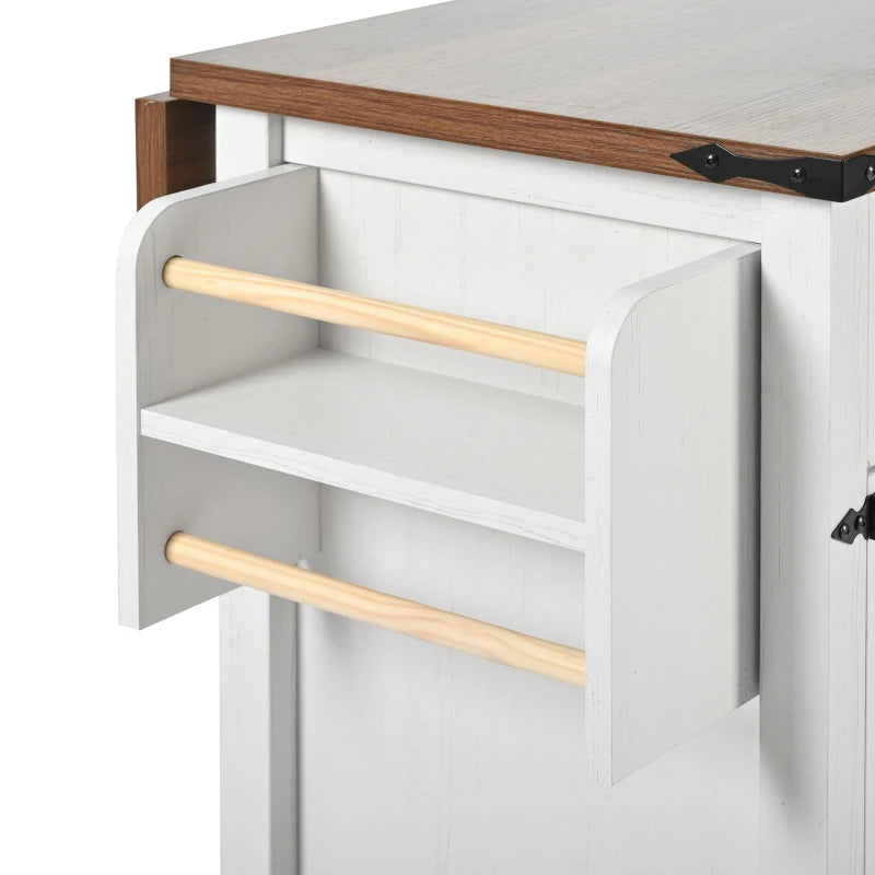 Farmhouse Style Kitchen Island Trolley - Adjustable Shelf, Cabinets & Drawers, Modern Rolling Storage Cabinet, White, 140x73x90.5 cm