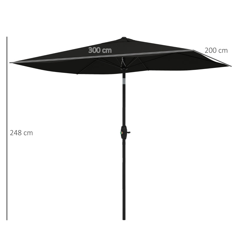 Black Rectangular Garden Parasol Umbrella, 2x3m, Crank Tilt, Aluminium Pole
