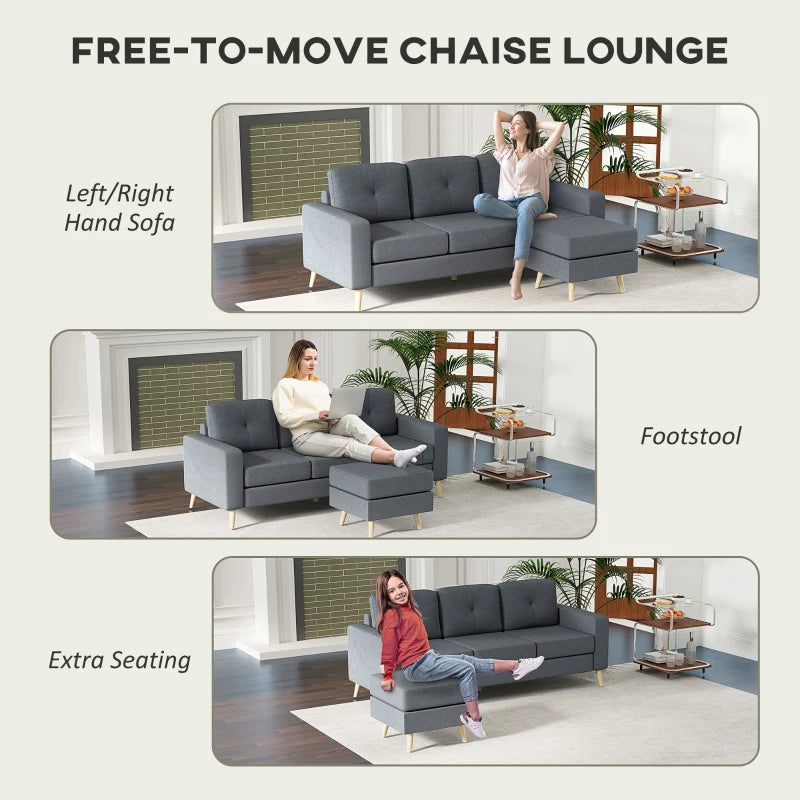 L-Shaped 3 Seater Sofa with Footstool - Fabric Sectional Couch for Small Spaces, Dark Grey, Ideal for Living Room or Office