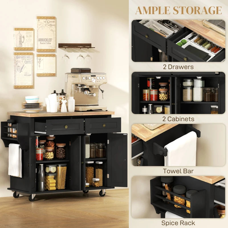 Rolling Kitchen Island Storage Trolley with Rubber Wood Top & Drawers - Stylish Black Dining Room Cart