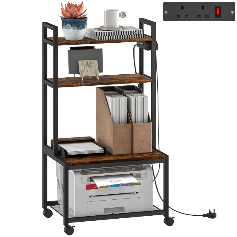 Rustic Brown 4-Tier Printer Stand with Power Outlets & Wheels - Mobile Office Storage Solution