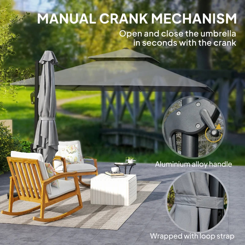 3 x 3m Light Grey Cantilever Parasol with Aluminium Frame, Crank and Tilt, 360° Rotation, Double Top Garden Umbrella with Base and Cover