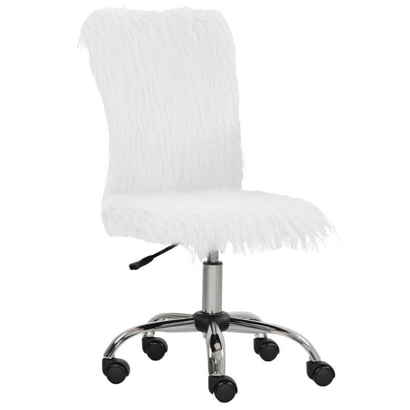 Modern White Plush Office Desk Chair - Armless Swivel Vanity Chair with Adjustable Height for Home, Bedroom & Living Room