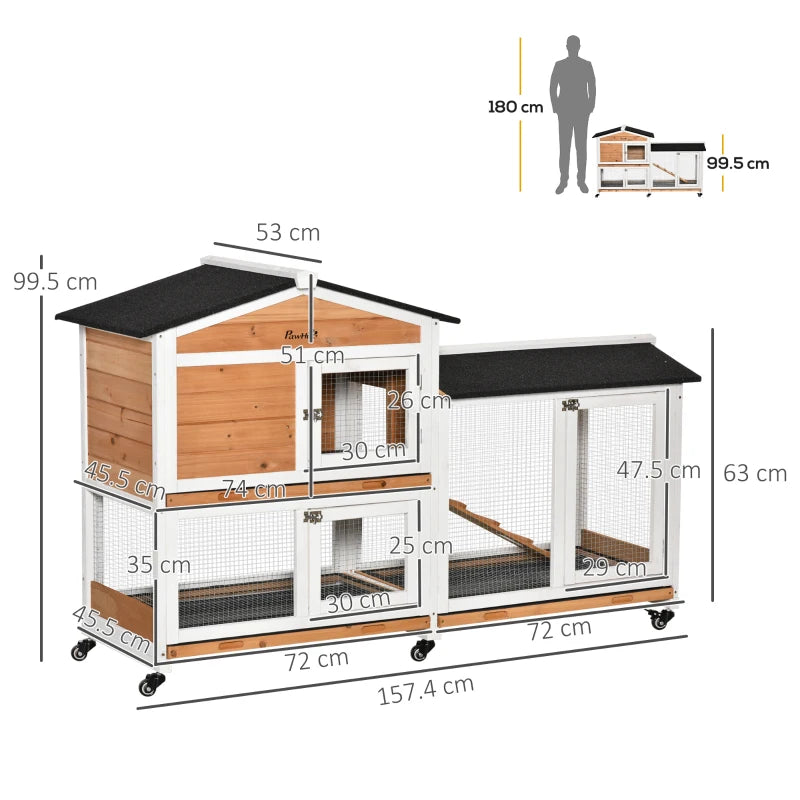 Outdoor Rabbit Hutch with Run - 2-Tier Guinea Pig Cage on Wheels, No-Leak Tray, 157.4x53x99.5 cm - Yellow