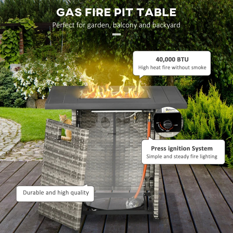 Outdoor PE Rattan Gas Fire Pit Table - 40,000 BTU Square Propane Heater with Rain Cover, Mesh Lid & Lava Stone - Mixed Grey