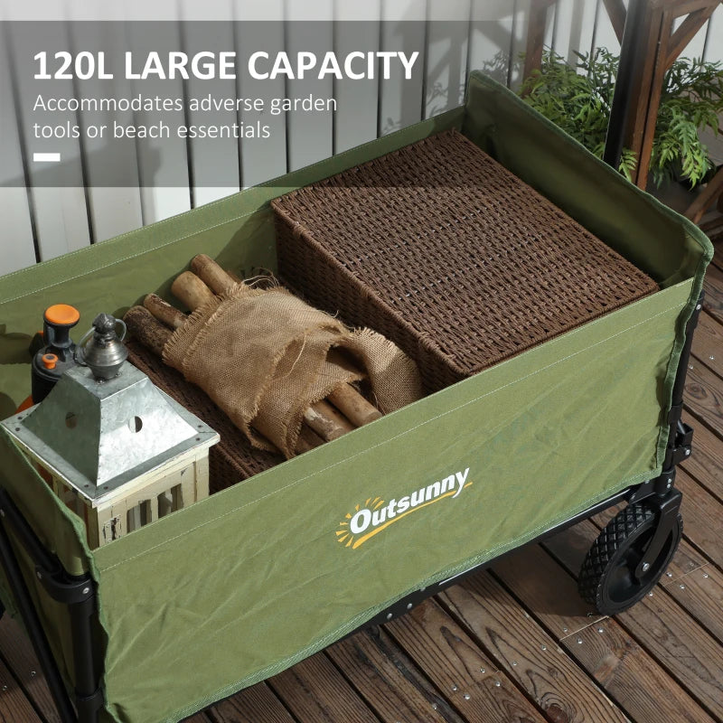 120L Folding Garden Trolley Cart - Green Outdoor Collapsible Wagon with Wheels & Adjustable Handle for Beach, Camping & Festivals