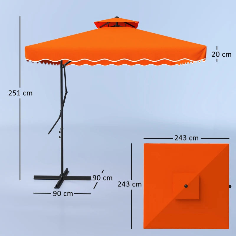2.5m Cantilever Parasol Umbrella with Easy Lever, Square Double Top, Ruffled Outdoor Sun Shade - Orange