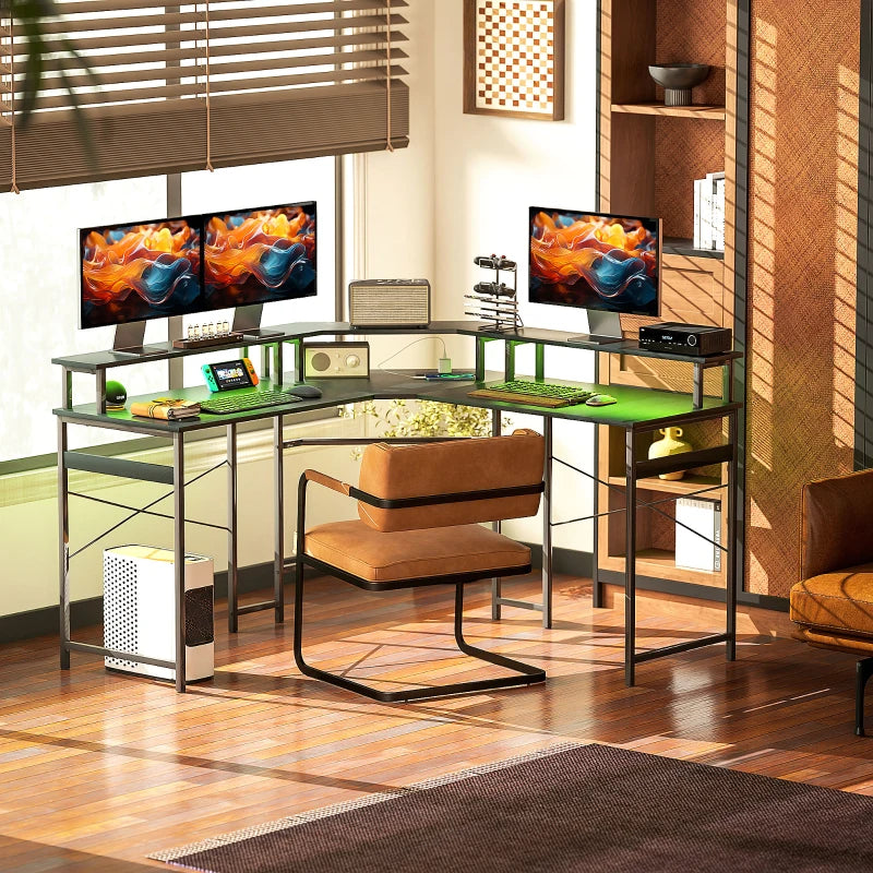 L-Shaped Black Work Desk with LED Lights - Modern Home Office Furniture for Efficient Workspace Organization