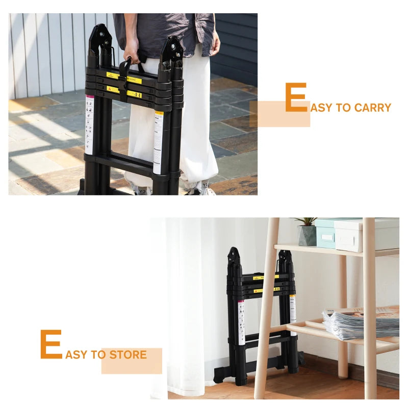 Black 10-Step Telescopic Aluminium Ladder for Home