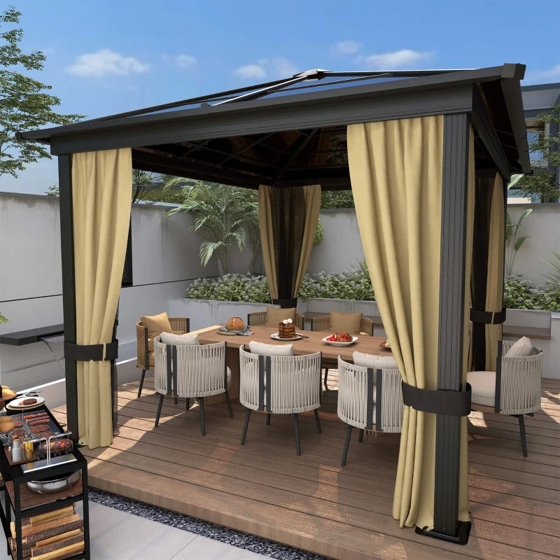 Brown 3m x 3.6m Garden Gazebo with Aluminium Structure, Insect Screens, and Drapes