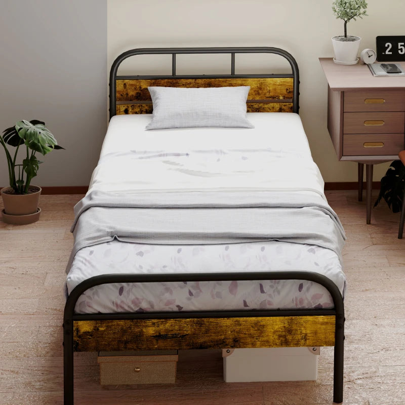 Industrial-Style Black and Brown Single Bed Frame - Sturdy Metal and Wood Design for Modern Bedrooms