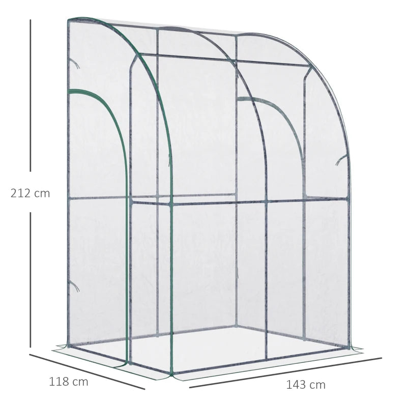 Green Walk-In Wall Tunnel Greenhouse with Zippered Door, Clear Cover - 143cm x 118cm x 212cm