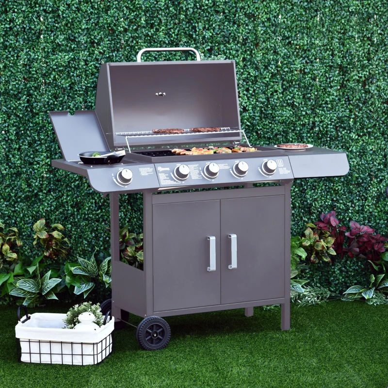 4+1 Burner Gas BBQ Grill - Grey Outdoor Barbecue Trolley with Wheels, Warming Rack, Side Shelves, Cabinet, Thermometer - 125cm x 51cm x 100cm for Garden, Party, Camping