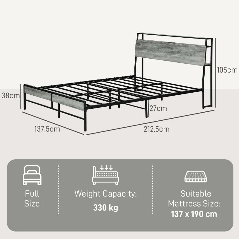 Modern Double Steel Bed Frame with LED Lights & Headboard Shelf - Stylish Grey Design for Ultimate Comfort