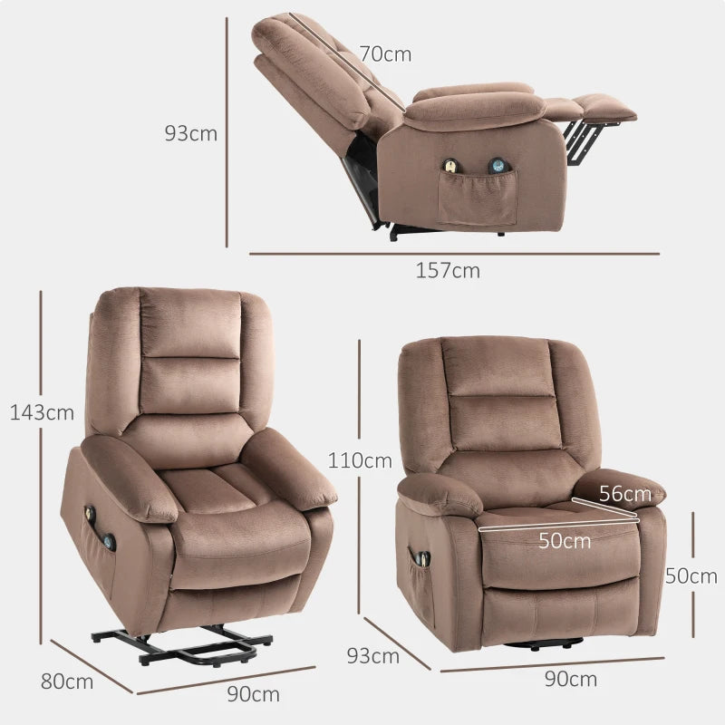 Velvet Electric Lift and Recline Massage Armchair with Remote Control in Brown