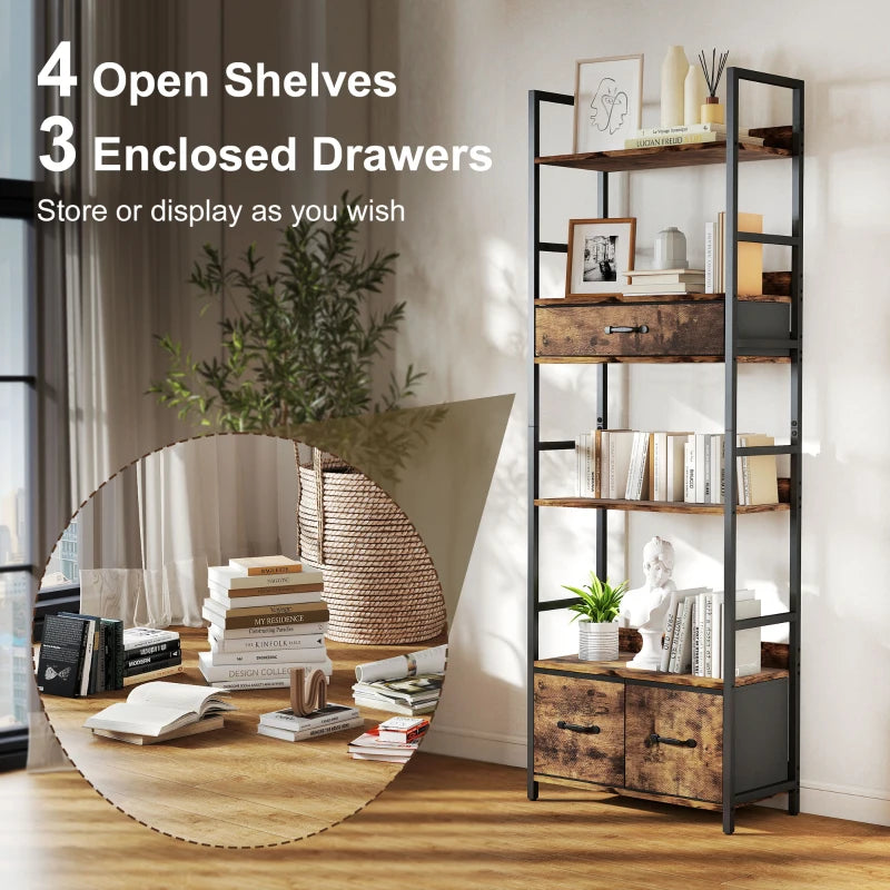 Industrial Style Bookcase with 4 Shelves & 3 Fabric Drawers - Brown & Black Storage Solution for Home or Office