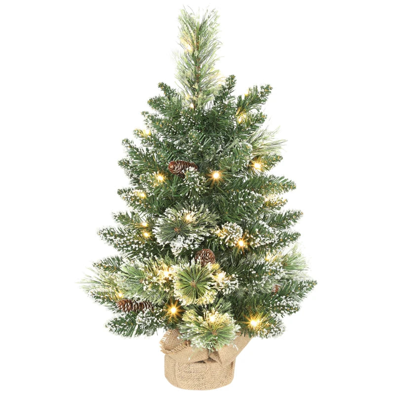 60 cm Prelit Snow Flocked Mini Christmas Tree with 35 LED Lights, Pine Cones, Linen Base - Battery Operated Green Tabletop Decor