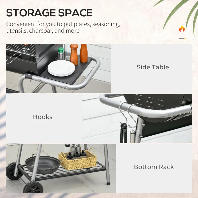 Charcoal BBQ Grill with Double Grill, Side Table, Storage Shelf, Wheels - Black