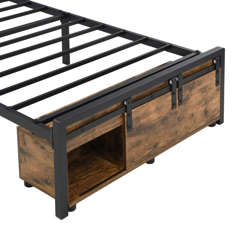 Modern Metal Single Bed with LED Lights & USB Charging Ports, Sturdy Iron Slats, Black & Natural, 209x90.5x114.5 cm