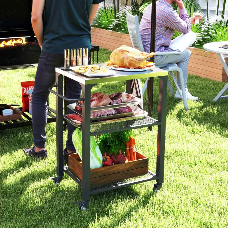 Three-Shelf Outdoor Grill Cart with Stainless Steel Top & Wheels - Movable BBQ Kitchen Island with Hooks, 65.5x41x79 cm