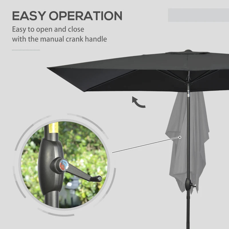Black Rectangular Garden Parasol Umbrella, 2x3m, Crank Tilt, Aluminium Pole