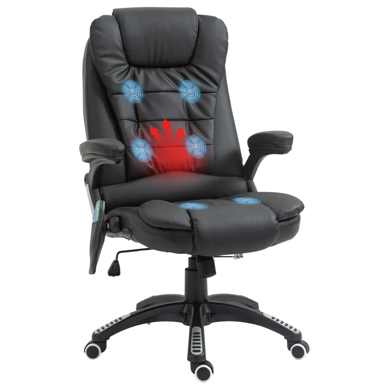 6-Point Heated Massage Office Chair - PU Leather High Back Executive Desk Chair with Adjustable Height & 360° Swivel - Black