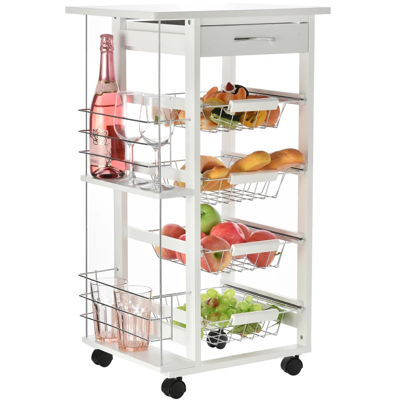 Rolling Kitchen Cart with 4 Basket Drawers & Side Racks - Mobile Utility Storage Cart on Wheels for Dining Room - White