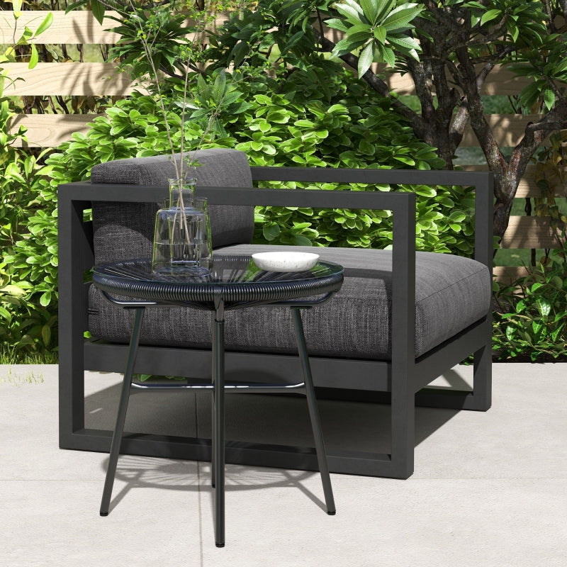 Round Black Rattan Side Table - Outdoor Coffee Table with Tempered Glass Top for Patio, Garden, Balcony - 18" Diameter