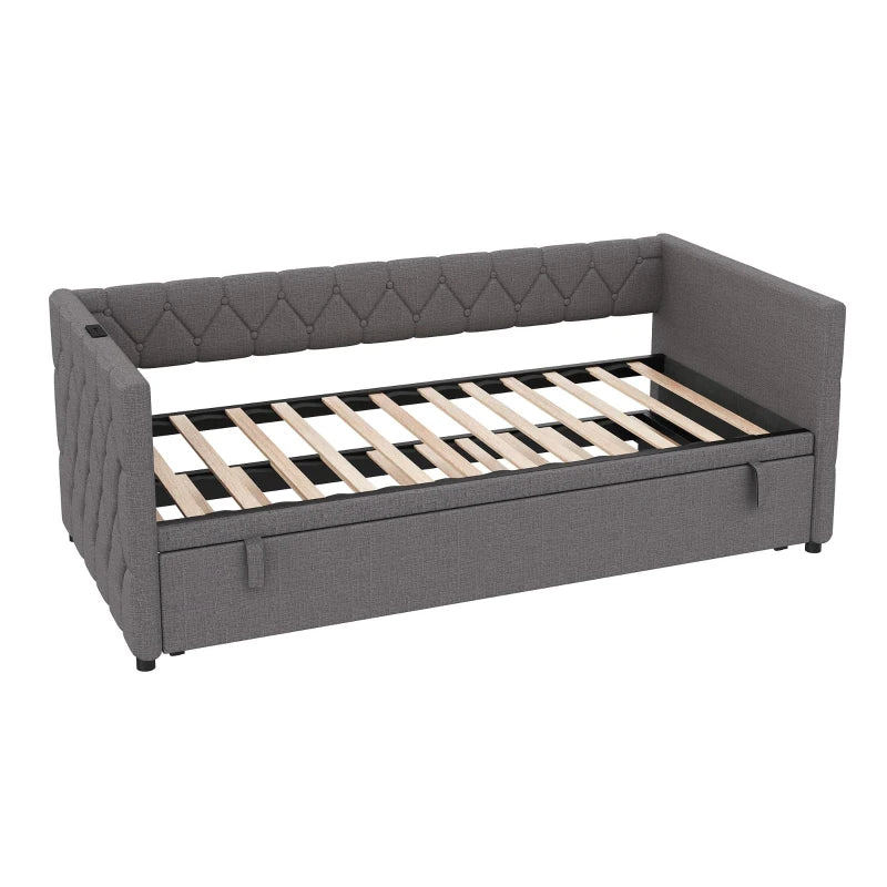 Upholstered Daybed with USB & Type-C Ports, Button-Tufted Trundle Bed for Bedroom & Study, Grey, 206L x 193W x 71H cm