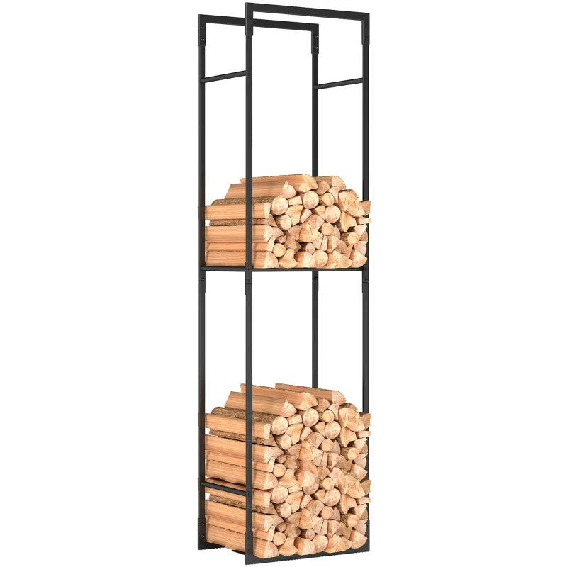 Heavy Duty Metal Firewood Log Holder Rack with Adjustable Shelf - Indoor/Outdoor Fireplace Wood Storage, 45x31x170 cm, Black