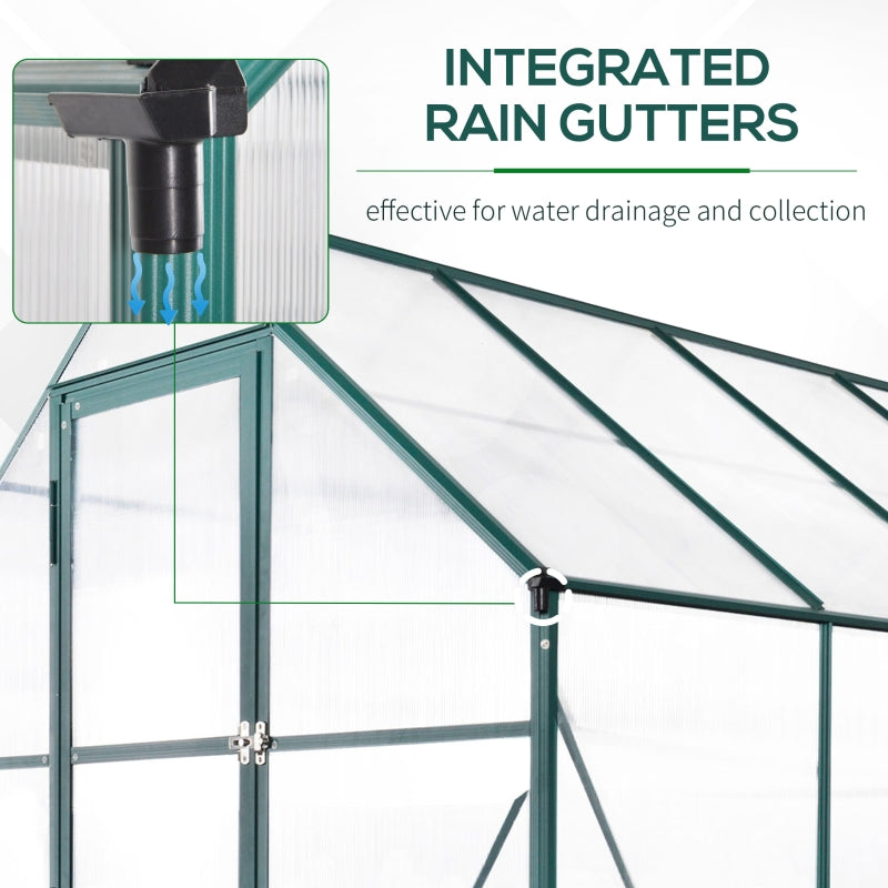 Green 6ft x 8ft Polycarbonate Greenhouse With Aluminium Frame and Temperature Controlled Window and Foundation