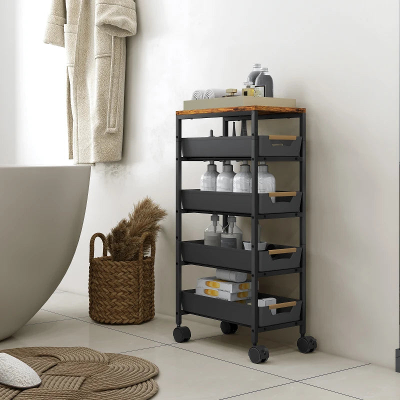 5-Tier Rolling Storage Cart with Wheels for Kitchen and Home Organization Black