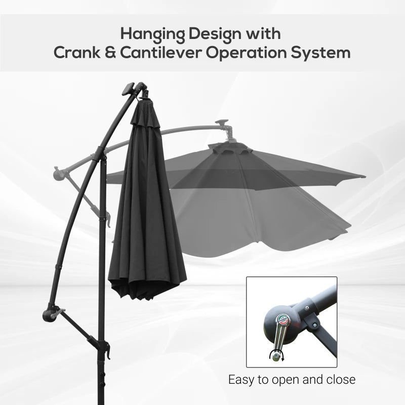 Black 3m LED Cantilever Patio Umbrella with Crank Cross Base