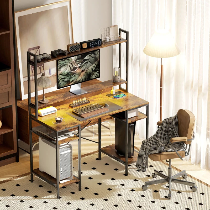 Rustic Brown Computer Desk with Power Outlets & LED Lights, Home Office Study Table, Monitor Stand & Storage Shelves