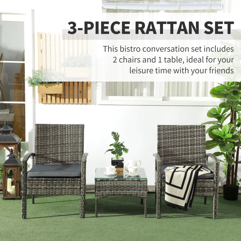 3-Piece Grey Rattan Patio Bistro Set with Cushioned Chairs