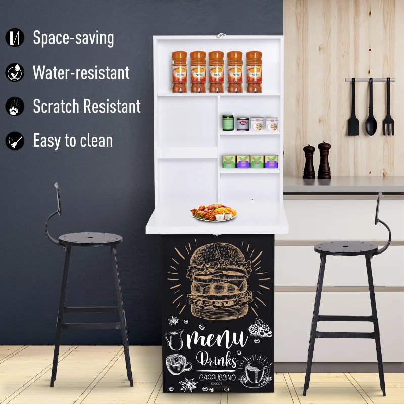 Folding Wall-Mounted Drop-Leaf Table with Chalkboard & Storage Shelf - Multifunctional Floating Desk for Home Office - White
