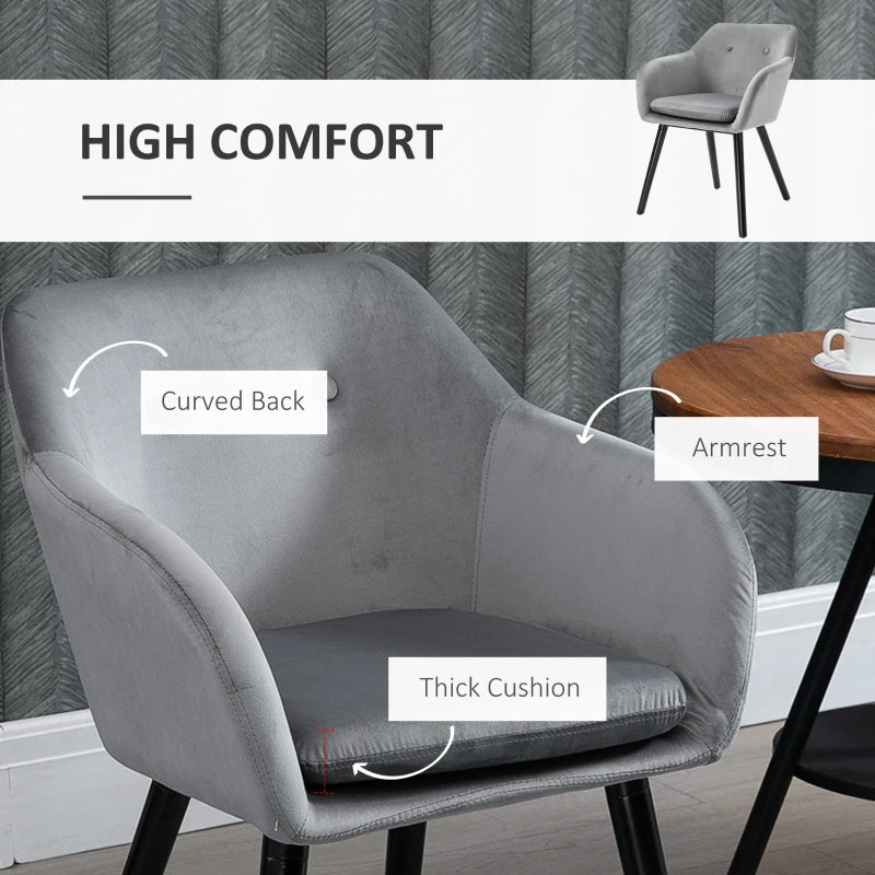 Modern Velvet Dining Chairs Set of 2 - Upholstered Leisure Chairs with Backrest & Armrests for Home Office & Kitchen - Grey