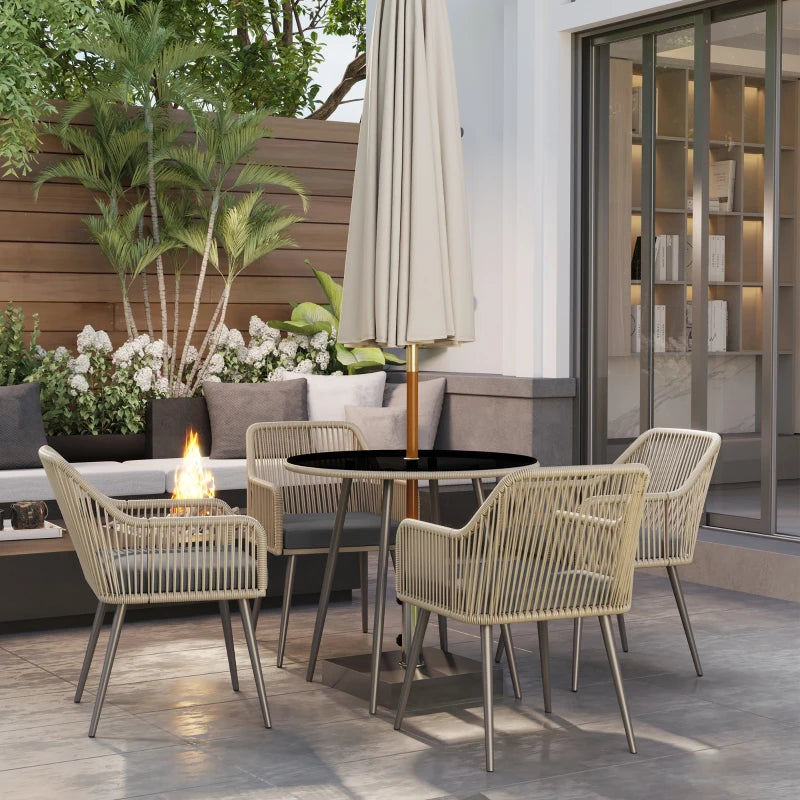 4 Seater Light Brown Rattan Dining Set with Cushions - Outdoor Round Glass Top Table and Chairs for Patio and Balcony