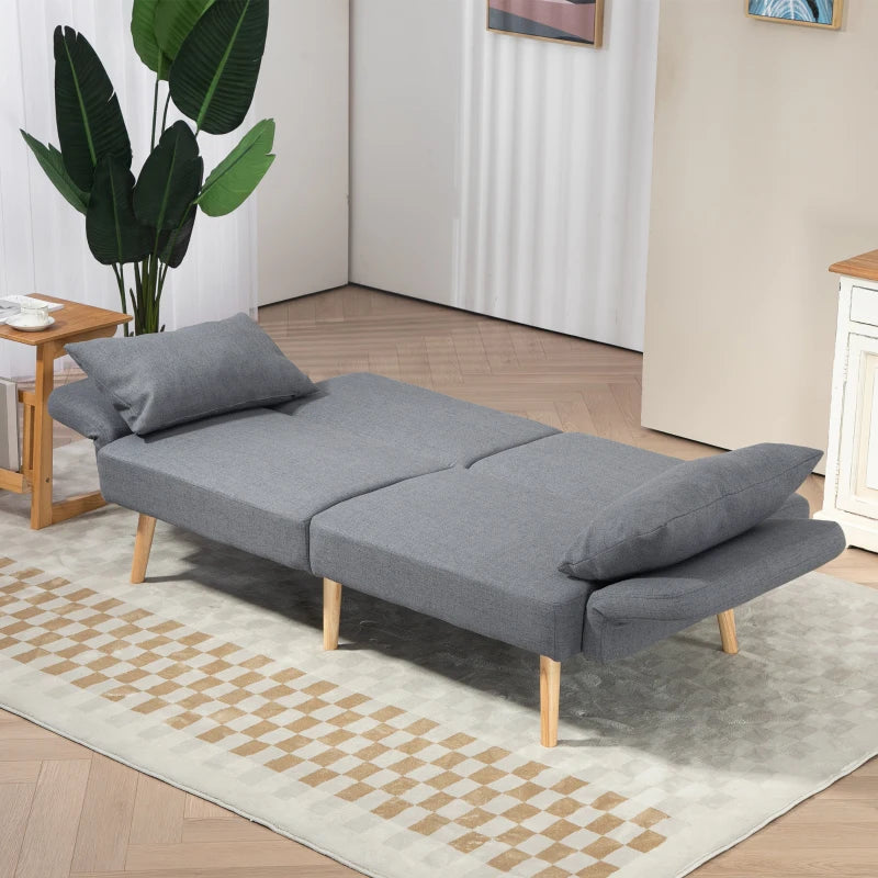 Grey Two-Seater Click-Clack Sofa Bed with Cushions for Space-Saving Comfort and Style
