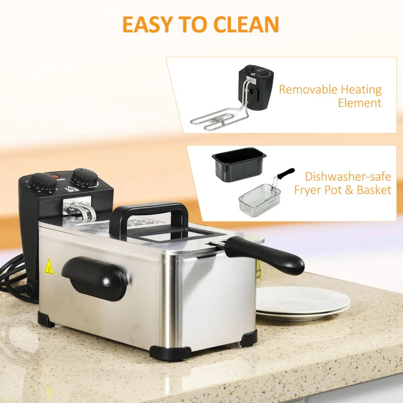 3L Stainless Steel Deep Fat Fryer - 2000W, Adjustable Temperature, 60min Timer, Viewing Window & Safety Cut Out